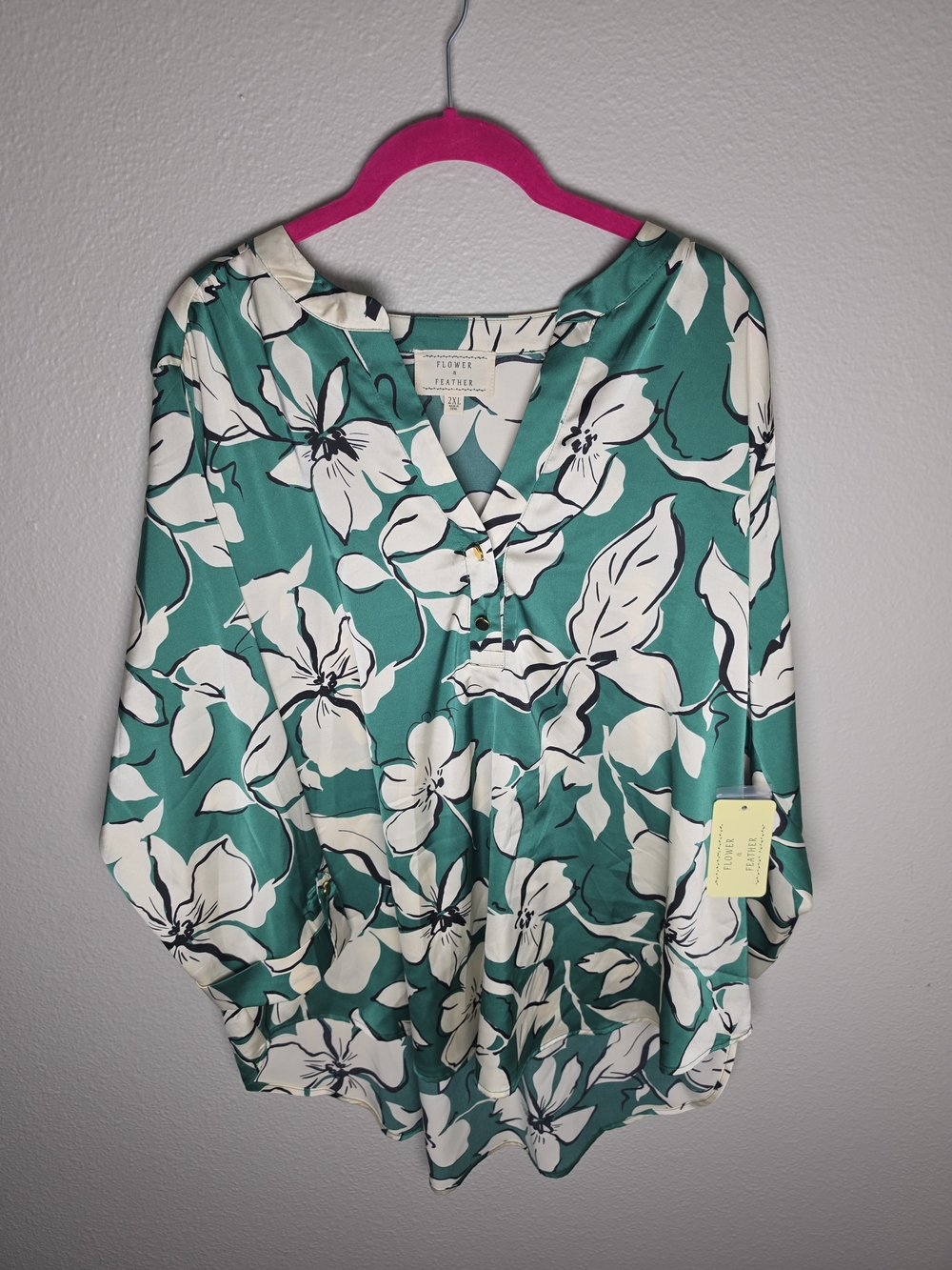Flower-Print V-Neck Blouse in Teal by Floral & Feather